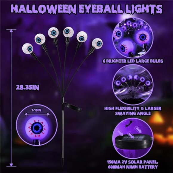 2 Pack 12 LED Solar Eyeball Lights, Halloween Decorations Firefly - Picture 3 of 8